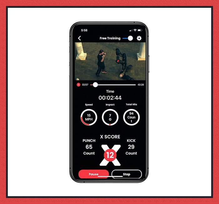 XLINK PRO app showing session time, speed, G-force, and punch and kick counts